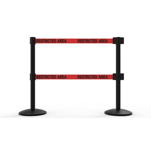 Banner Stakes QLine Retractable Dual Belt Barrier X2, Black Post, Red "Restricted Area", 2PK AL6205B-D